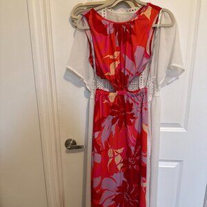 Toi et Moi Red & Pink Floral Print Midi Dress, Size S